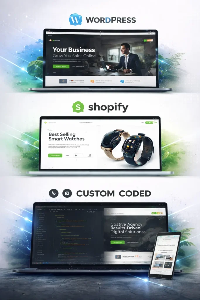 Vertically stacked WordPress, Shopify, and custom-coded websites designed for SEO and performance