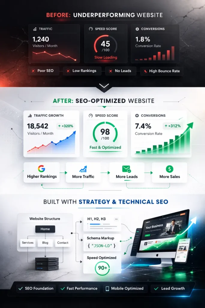 Comparison of low website traffic versus optimized SEO website growth analytics